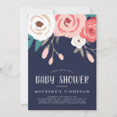 Invitation Baby shower floral Marine & Coral (Devant)