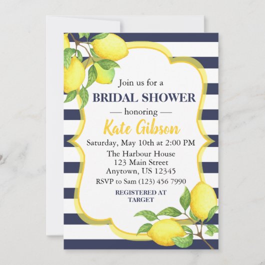 Invitation Baby shower floral marine et citron jaune (Devant)