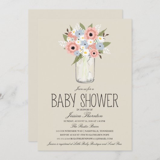 Invitation Baby shower Floral Mason Jar (Devant / Derrière)