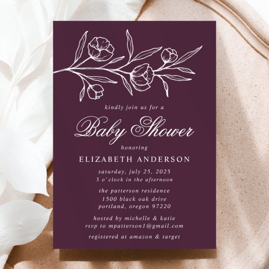 Invitation Baby shower floral mauve esquissé