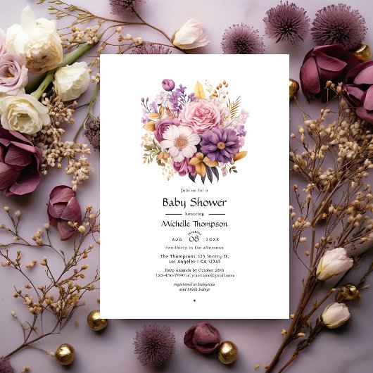 Invitation Baby shower floral mauve et or