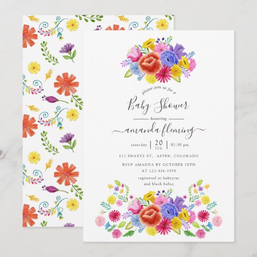 Invitation Baby shower Floral mexicain Fiesta (Devant / Derrière)