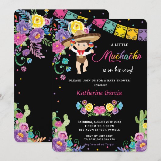 Invitation Baby shower Floral Mexicain Petit Muchacho Boy  (Devant / Derrière)