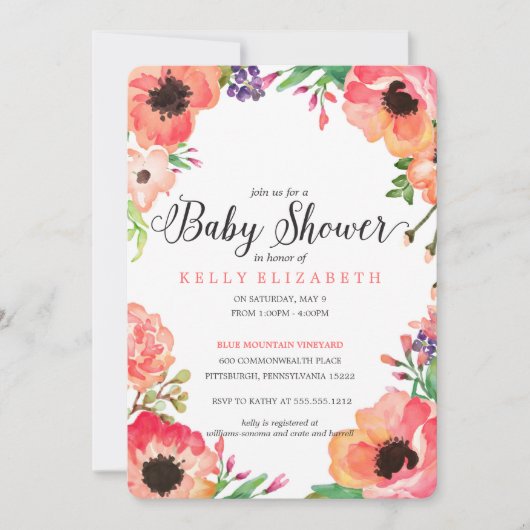Invitation baby shower FLORAL MODERNE À LA COULEUR DE L'EAU (Devant)