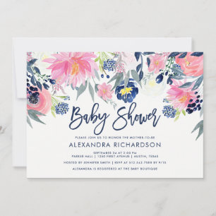 Invitation Baby shower floral moderne Blush et Navy