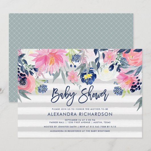 Invitation Baby shower floral moderne Blush et Navy (Devant / Derrière)