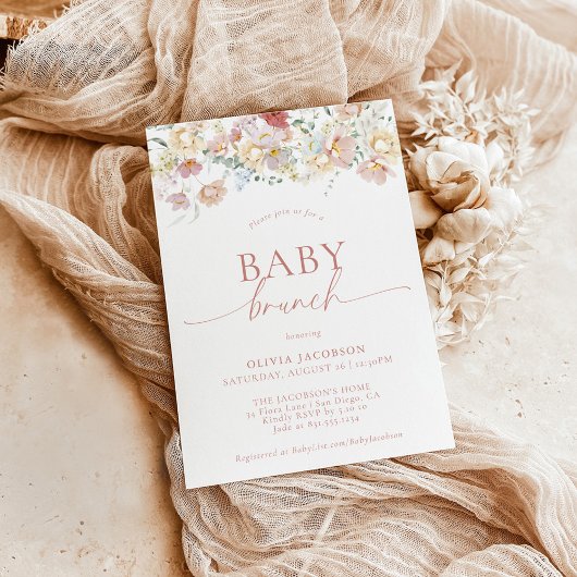 Invitation Baby shower Floral moderne Boho | Fille Bébé Brunc