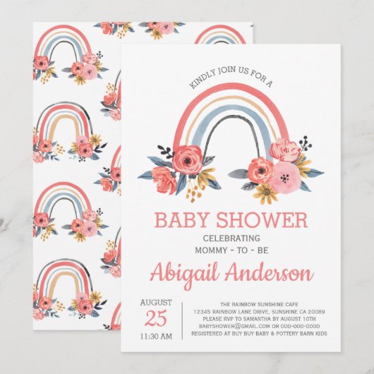 Invitation baby shower Floral Moderne Elégant Arc-en-ciel (Devant / Derrière)