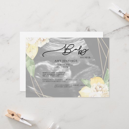 Invitation Baby shower floral moderne Faded Ultrasound (Devant/Arrière en situation)