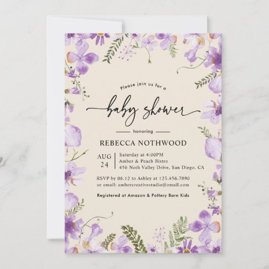 Invitation Baby shower floral moderne Lilac Mauve (Devant)