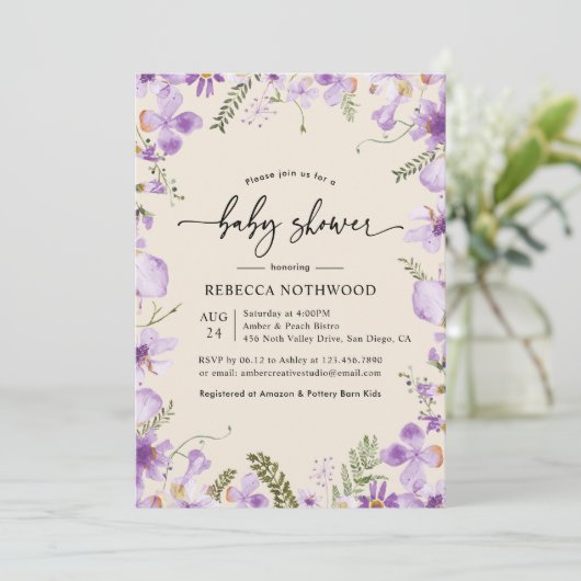 Invitation Baby shower floral moderne Lilac Mauve (Debout devant)