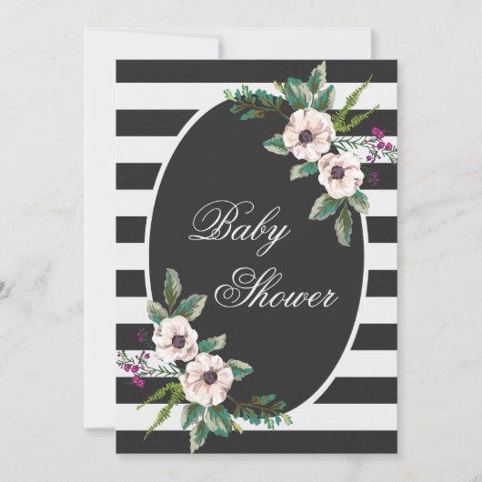 Invitation Baby shower floral moderne noir blanc rayures (Devant)