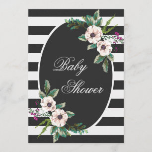 Invitation Baby shower floral moderne noir blanc rayures