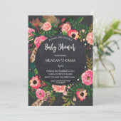 Invitation Baby shower floral moderne plumes de tableau noir (Debout devant)