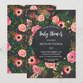 Invitation Baby shower floral moderne plumes de tableau noir (Devant / Derrière)