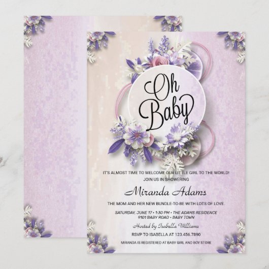 Invitation Baby shower floral moderne violet (Devant / Derrière)