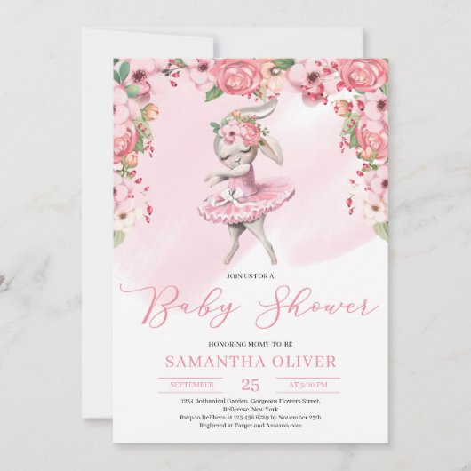 Invitation Baby shower floral moelleux de lapin tutu (Devant)