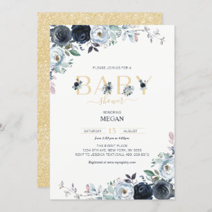 Invitation Baby shower floral Navy Blue & Gold Boho