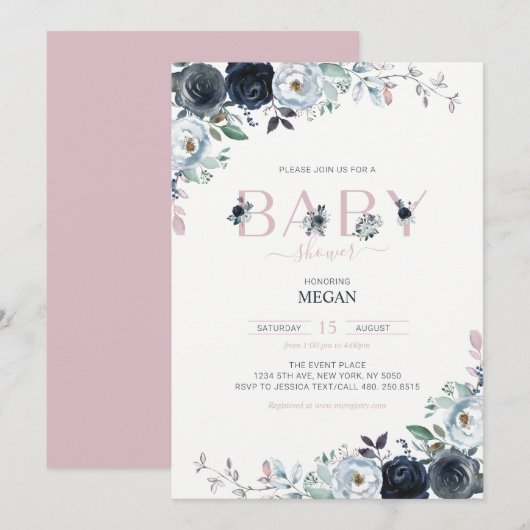 Invitation Baby shower floral Navy & Pink Boho (Devant / Derrière)