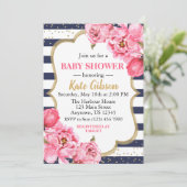 Invitation Baby shower floral Navy & Pink Peony (Debout devant)