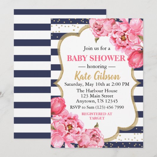 Invitation Baby shower floral Navy & Pink Peony (Devant / Derrière)