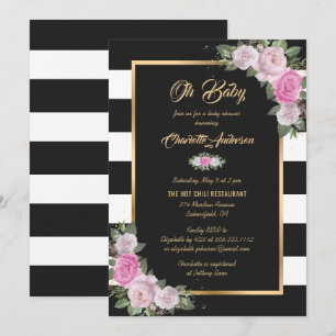 Invitation Baby shower floral noir blanc noir rose