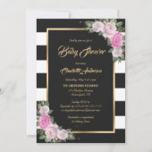 Invitation Baby shower floral noir blanc noir rose (Devant)
