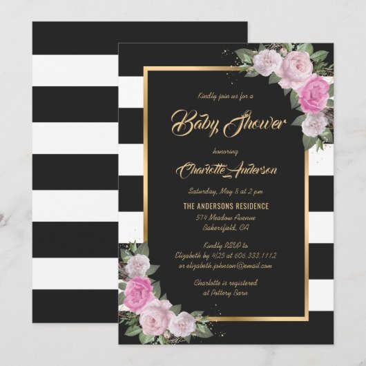 Invitation Baby shower floral noir blanc noir rose (Devant / Derrière)