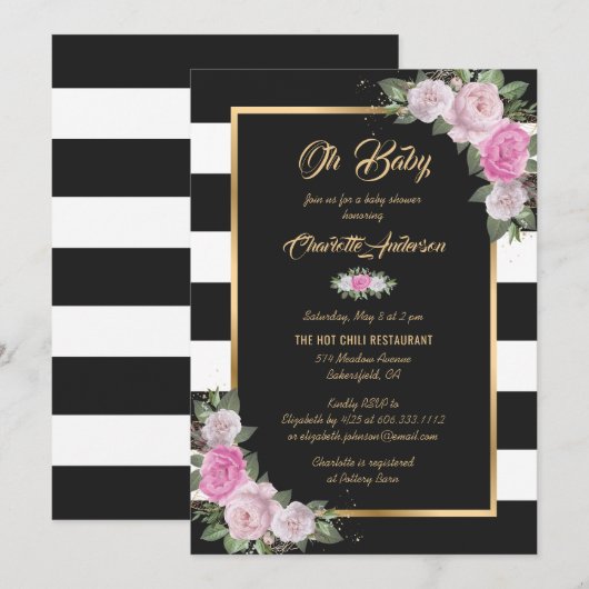 Invitation Baby shower floral noir blanc or rose (Devant / Derrière)