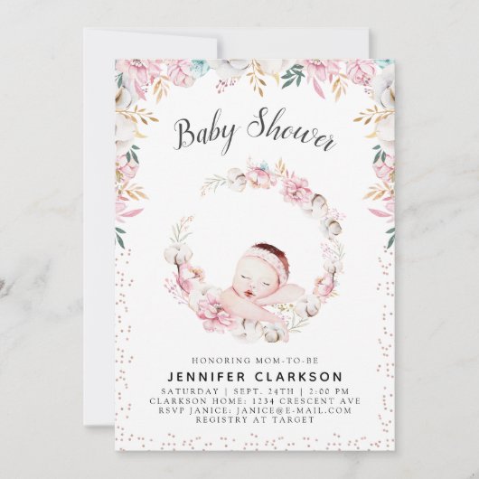 Invitation Baby shower floral nouveau-né (Devant)