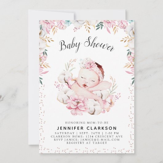 Invitation Baby shower floral nouveau-né (Devant)