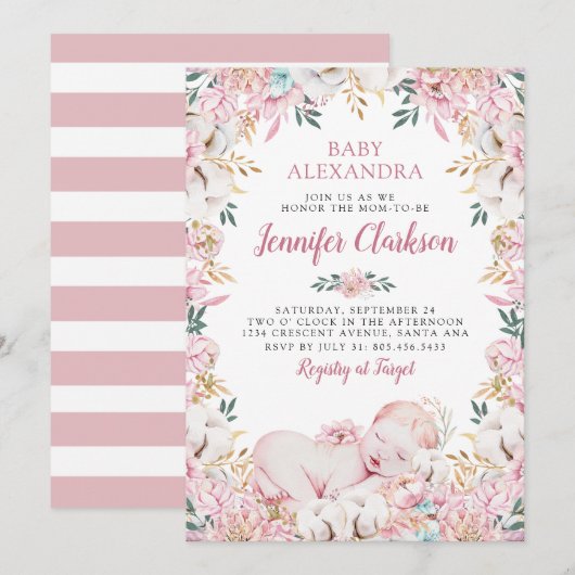 Invitation Baby shower floral nouveau-né (Devant / Derrière)