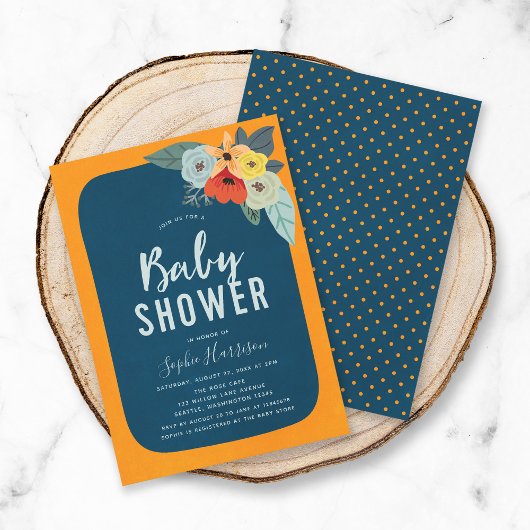 Invitation Baby shower Floral Orange Rustique