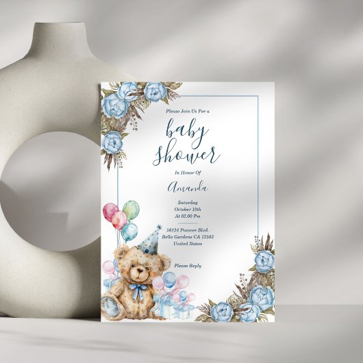 Invitation Baby shower Floral Ours Bleu Cute