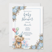 Invitation Baby shower Floral Ours Bleu Cute (Devant)