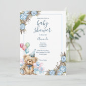 Invitation Baby shower Floral Ours Bleu Cute (Debout devant)
