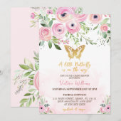 Invitation Baby shower floral papillon rose fille (Devant / Derrière)