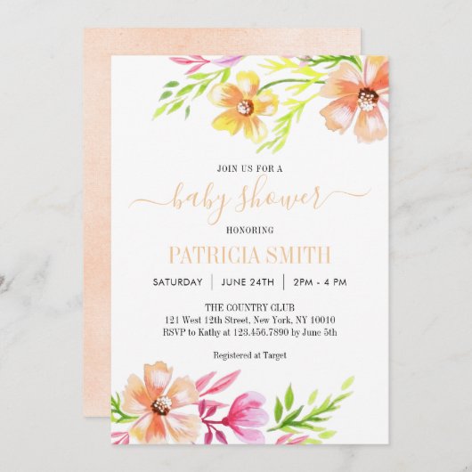 Invitation Baby shower floral pastel doux (Devant / Derrière)