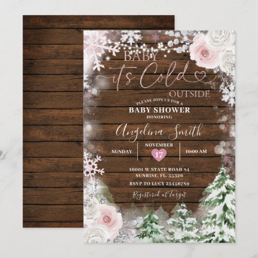 Invitation Baby shower Floral Pastel Rose Snowflake Wood (Devant / Derrière)