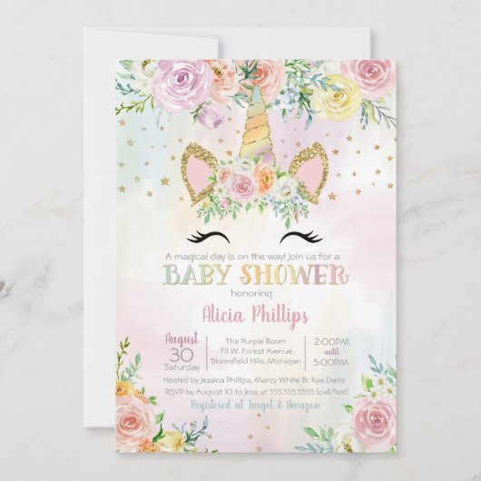 Invitation Baby shower floral Pastel Unicorn (Devant)