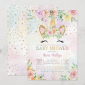 Invitation Baby shower floral Pastel Unicorn (Devant / Derrière)