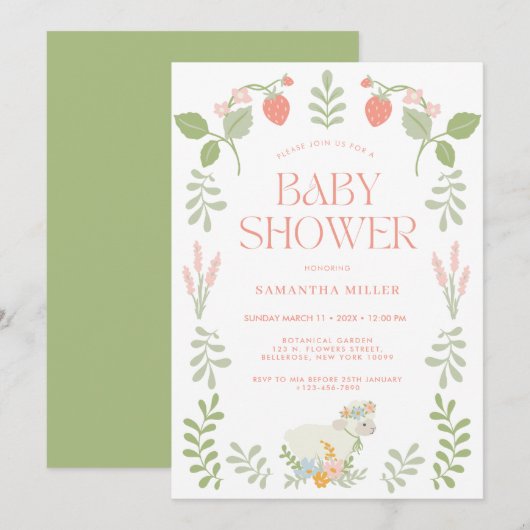 Invitation Baby shower floral Pastel vert et rose (Devant / Derrière)