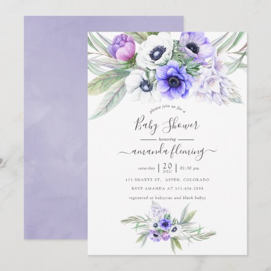 Invitation Baby shower floral Pastel Violet (Devant / Derrière)