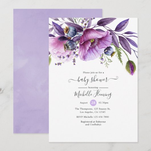 Invitation Baby shower floral Pastel Violet Poppy (Devant / Derrière)