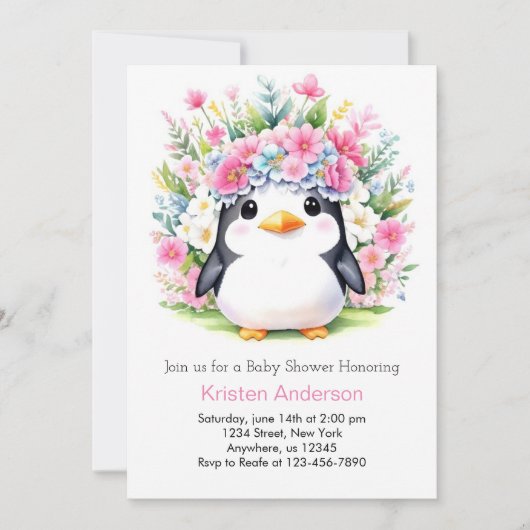 Invitation Baby shower Floral Pingouin rose mou (Devant)