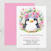 Invitation Baby shower Floral Pingouin rose mou (Devant / Derrière)