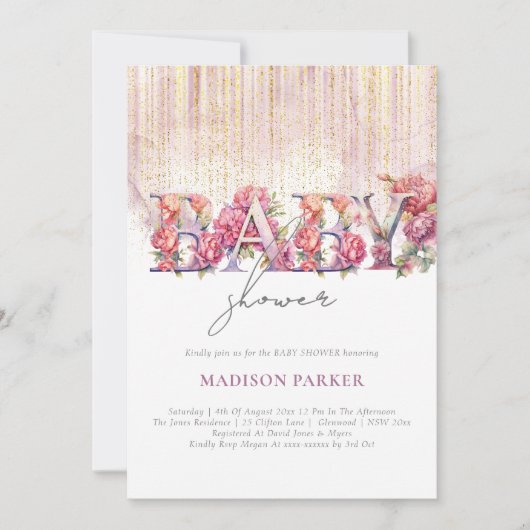 Invitation Baby shower Floral Pink Gold Parties scintillant (Devant)