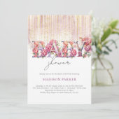 Invitation Baby shower Floral Pink Gold Parties scintillant (Debout devant)