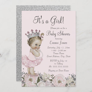 Invitation Baby shower Floral Pink Silver Princess