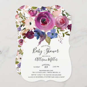 Invitation Baby shower Floral Plum bleu moderne
